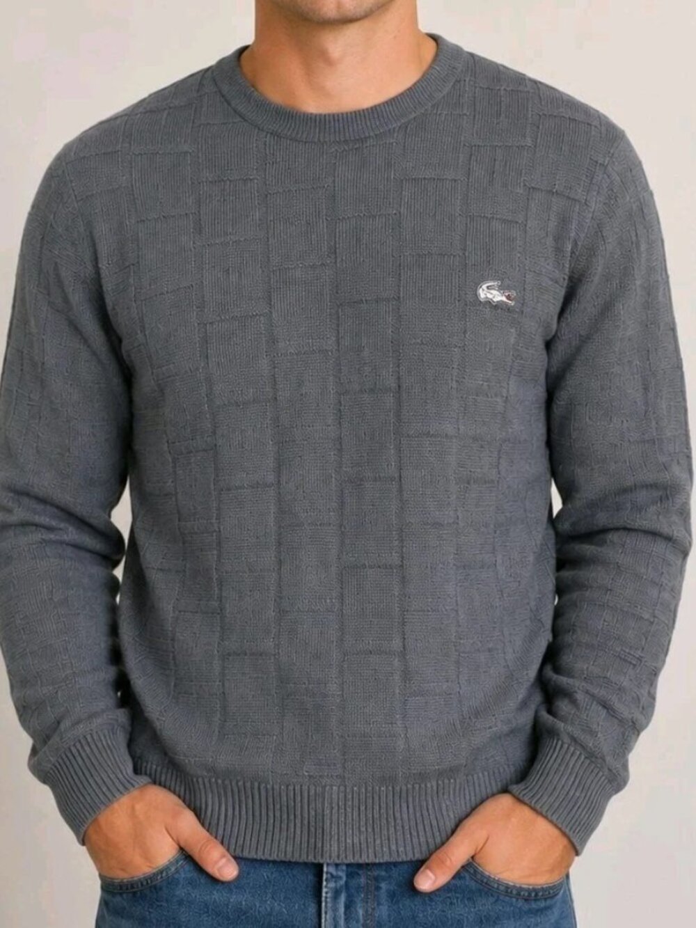 Vintage IZOD Lacoste Sweater Mens M Gray Geometric Knit Crewneck USA Acrylic